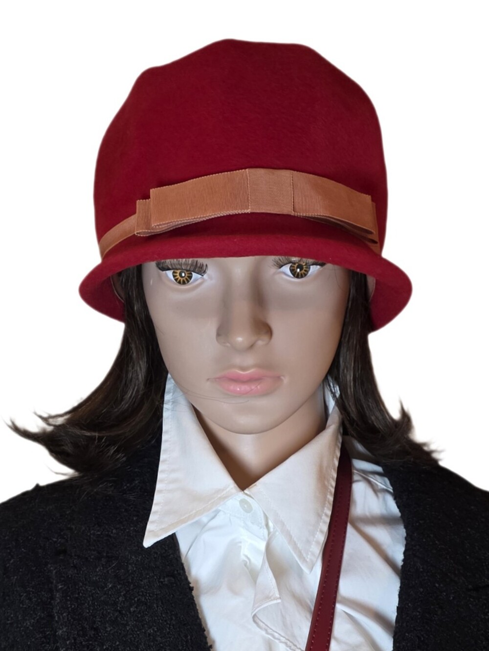 Vintage Ritz Red Wool Felt Cloche Hat 40s 50s Grosgrain Ribbon Union Made